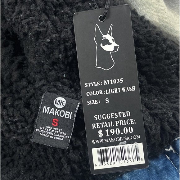 Makobi Mens Small Blue Plaid Full Zip Denim Jean Sherpa Jacket Distressed M1035 - Picture 9 of 11